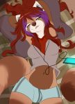  2018 anthro breasts brown_nose clothed clothing digital_media_(artwork) female green_eyes hair lying mammal on_back red_hair red_panda wolflady 