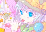  blue_eyes candy curtains eyeball food hat heart heart-shaped_pupils heart_of_string hiromaru0322 komeiji_koishi lollipop pillow short_hair silver_hair solo star symbol-shaped_pupils third_eye touhou window 