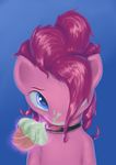  blue_background blue_eyes collar cupcake equine female friendship_is_magic fur hair horse looking_at_viewer mammal my_little_pony pink_fur pink_hair pinkie_pie_(mlp) plain_background pony portrait solo timmykk tongue tongue_out 