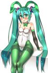  adapted_costume animal_ears aqua_hair bow bowtie bunny_ears bunnysuit cameltoe detached_sleeves green_eyes hatsune_miku j_(shining-next) long_hair pantyhose sitting thighband_pantyhose twintails vocaloid 