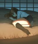  bad_id bad_twitter_id black_legwear brown_hair erubo kneehighs light long_sleeves lying mattress on_side original pleated_skirt school_uniform shade side_ponytail skirt solo yellow_eyes 