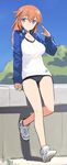  bare_legs blue_eyes blush breasts buruma charlotte_e_yeager gym_uniform jacket large_breasts long_hair looking_at_viewer no_socks orange_hair shimada_fumikane shoes smile sneakers solo strike_witches track_jacket world_witches_series 