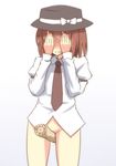  between_thighs blush bottomless brown_hair covering_face embarrassed gradient gradient_background hat hat_ribbon long_sleeves lotus_root necktie ribbon sexually_suggestive solo tori_(minamopa) touhou usami_renko wavy_mouth 
