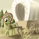  amber_eyes cutie_mark equine female feral friendship_is_magic fur giantmosquito granny_smith_(mlp) green_fur hair hat horse mammal my_little_pony outside pony smile solo wagon white_hair younger 