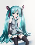  blue_eyes blue_hair dekus hair_ribbon hatsune_miku long_hair looking_at_viewer ribbon simple_background sitting skirt solo thighhighs twintails very_long_hair vocaloid 