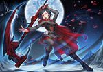  belt black_hair boots breasts cape corset crescent_rose cross dress frills full_moon medium_breasts moon night open_mouth pantyhose petals red_eyes rose_petals ruby_rose rwby scythe short_hair sky solo star_(sky) taut_clothes weapon zola_chen 