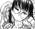  1girl :&gt;= absurdres ass bakuya black_lagoon bottomless braid cheek_bulge cum cum_in_mouth fellatio glasses greyscale hetero highres long_hair maid maid_headdress monochrome oral overflow penis roberta_(black_lagoon) round_eyewear sketch solo_focus twin_braids 