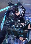  black_hair black_rock_shooter black_rock_shooter_(character) blue_eyes boots burning_eye cape cityscape cosplay crossover dual_wielding frown holding hood hoodie long_hair looking_at_viewer meteor night shingeki_no_kyojin shorts sky solo spark_(sandro) star_(sky) starry_sky sword three-dimensional_maneuver_gear twintails weapon 