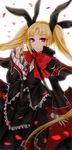  :&lt; bad_id bad_pixiv_id blazblue blonde_hair bow dress frills gothic_lolita hair_ribbon hand_in_hair highres lolita_fashion long_hair looking_at_viewer luthe petals rachel_alucard red_bow red_eyes ribbon rose_petals slit_pupils solo twintails 