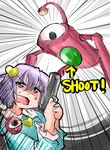  absurdres commentary_request crossover directional_arrow gun handgun heart highres komeiji_satori lavender_eyes lavender_hair mars_mecha metal_slug parody pistol robot shinapuu short_hair single_eye snk solo third_eye touhou trait_connection weapon 