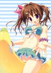 :d absurdres ahoge arm_strap banana_boat bikini_skirt bikini_top bottomless bow bracelet breasts brown_hair fang hair_bow hair_ornament highres jewelry medium_breasts navel open_mouth original purple_eyes ryouka_(suzuya) short_hair short_twintails smile solo star striped striped_background twintails water_drop 