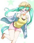  bespectacled bra cabbie_hat full_body glasses green_eyes green_hair hat hatsune_miku highres hood hoodie long_hair musical_note nagian open_clothes open_hoodie sandals scrunchie shorts smile solo strap_slip striped tank_top twintails underwear very_long_hair vocaloid 
