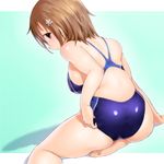  arm_support ass barefoot breasts brown_eyes brown_hair competition_swimsuit flower from_behind hair_ornament idolmaster idolmaster_cinderella_girls looking_back lying medium_breasts mimura_kanako on_side one-piece_swimsuit onsoku_maru plump short_hair sideboob sitting solo swimsuit thighs 
