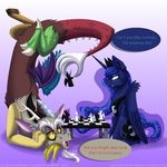  antler antlers blue_eyes blue_hair chess crown cutie_mark dialog discord_(mlp) draconequus duo english_text equine female feral friendship_is_magic frown fur hair horn horse inuhoshi-to-darkpen long_hair male mammal my_little_pony open_mouth pony princess princess_luna_(mlp) red_eyes royalty sitting smile spread_legs spreading table teeth text tongue upside_down winged_unicorn wings 
