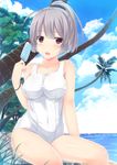 beach blush breasts cloud day food highres looking_at_viewer medium_breasts mizunashi_kenichi one-piece_swimsuit open_mouth original outdoors popsicle purple_eyes school_swimsuit short_hair sitting sky solo swimsuit water white_swimsuit 