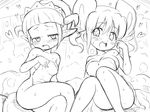  2girls ass blush breasts character_request happy horns konpeto large_breasts legs multiple_girls nude pointy_ears shy sitting sketch smile steam sweat thighs towel 