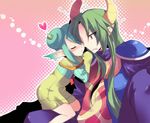  1girl blush cape clenched_teeth closed_eyes double_bun green_hair heart horns kurohara_yuu long_hair madou_monogatari pink_background pointy_ears puyopuyo puyopuyo_fever red_eyes rider_(puyopuyo) satan_(puyopuyo) short_hair skirt teeth 