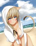  animal_ears bad_id bad_pixiv_id bangs beach blue_eyes blue_sky blush braid breasts brown_hair cat_ears cat_tail cloud cowboy_shot day dutch_angle groin hair_between_eyes hair_over_shoulder hair_ribbon highres hood hood_up hoodie kneeling large_breasts leaning_forward light_brown_hair long_hair looking_at_viewer lynette_bishop naked_hoodie navel nipples no_pants ocean on_ground open_clothes open_hoodie outdoors puffy_nipples ribbon sand seductive_smile single_braid sky smile solo strike_witches suto_(iamsuto) tail tan tanline v_arms water world_witches_series 