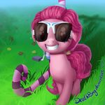 blue_eyes deathpwny english_text equine eyewear female feral friendship_is_magic fur grin hair hairband horse looking_at_viewer mammal my_little_pony outside pink_fur pink_hair pinkie_pie_(mlp) pony smile sunglasses text 
