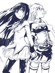  akemi_homura argyle argyle_legwear armband back-to-back cape holding_hands long_hair magical_girl mahou_shoujo_madoka_magica miki_sayaka monochrome multiple_girls pantyhose short_hair soul_gem thighhighs yuuki_(yuuki333) zettai_ryouiki 