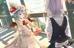  ascot bad_id bad_pixiv_id bat_wings blue_hair blush bou_shaku brooch cherry_blossoms confession hat hat_ribbon izayoi_sakuya jewelry letter long_sleeves love_letter maid maid_headdress mob_cap multiple_girls outstretched_arms petals puffy_sleeves red_eyes remilia_scarlet ribbon sash shirt short_sleeves silver_hair skirt skirt_set touhou wings yuri 
