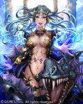  airspace aqua_hair blue_eyes breasts dragon's_shadow horns lips long_hair looking_at_viewer medium_breasts monster navel open_mouth outstretched_hand sharp_teeth solo teeth 
