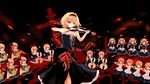  alice_margatroid bare_shoulders blonde_hair blush choker cross doll double_bass dress flute french_horn frills hairband instrument lanwee long_hair red_eyes ribbon shanghai_doll short_hair skirt smile touhou twintails violin 