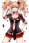  black_bra blonde_hair blue_eyes bow bra choker danganronpa danganronpa_1 enoshima_junko evil_smile hair_ornament hand_on_hip kurozatou_owata necktie petals pleated_skirt skirt sleeves_rolled_up smile solo spoilers underwear white_background 