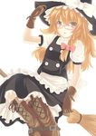 bad_id bad_pixiv_id bespectacled blonde_hair blush boots broom broom_riding glasses gloves hat kirisame_marisa looking_at_viewer mizunashi_kenichi simple_background solo touhou white_background witch_hat 