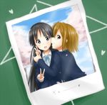  akiyama_mio black_eyes black_hair blush brown_eyes brown_hair hair_down k-on! long_hair multiple_girls photo_(object) sakura_ai_ke sakuragaoka_high_school_uniform school_uniform short_hair tainaka_ritsu translation_request v yuri 