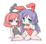  animal_ears bow bowtie bunny_ears bunny_tail bunnysuit chibi detached_collar fishnet_pantyhose fishnets green_eyes long_hair love_live! love_live!_school_idol_project multiple_girls necktie nekoyama nishikino_maki pantyhose purple_eyes purple_hair red_hair short_hair tail toujou_nozomi twintails 