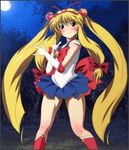  1girl bishoujo_senshi_sailor_moon blonde_hair blush boots choker full_moon hair_ribbon long_hair looking_at_viewer magical_girl moon outdoors parody pose ribbon sailor_moon sailor_moon_(cosplay) skirt solo touhou tree twintails very_long_hair yadokari_genpachirou yakumo_yukari 