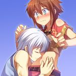  1girl amy_(suisei_no_gargantia) belt blue_eyes blush brown_hair closed_eyes fringe_trim hetero ledo_(suisei_no_gargantia) midriff navel racer_(magnet) short_hair silver_hair suisei_no_gargantia 