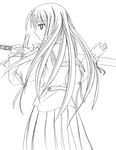  bad_id bad_pixiv_id from_behind greyscale lineart long_hair mizunashi_kenichi monochrome original school_uniform serafuku solo sword weapon 