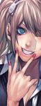  blue_eyes brown_hair danganronpa danganronpa_1 enoshima_junko grin hair_ornament hairclip irohara_mitabi nail_polish one_eye_closed smile solo 