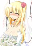  bare_shoulders blonde_hair blush bouquet breasts cleavage closed_eyes detached_sleeves dress flan-maman flandre_scarlet flower goma_(gomasamune) hair_flower hair_ornament jewelry large_breasts long_hair necklace older open_mouth side_ponytail smile solo touhou wedding_dress white_background wings 