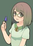  blush brown_hair flower glasses green-framed_eyewear grey_eyes highres holding holding_flower long_hair open_mouth original oza_watto simple_background smile solo 