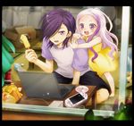  1girl arras_ramus bottle child computer dress food hair_over_one_eye handheld_game_console hataraku_maou-sama! kapin laptop long_hair playstation_vita popsicle purple_eyes purple_hair raglan_sleeves urushihara_hanzou 