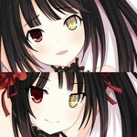  black_hair clock_eyes closed_mouth date_a_live face hair_ribbon heterochromia red_eyes ribbon smile solo symbol-shaped_pupils tokisaki_kurumi verjuice yellow_eyes 