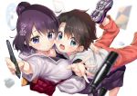  age_difference bag black_hair blue_eyes blurry blurry_background blurry_foreground breast_press casual commentary_request ekakibito fate/grand_order fate_(series) flower fujimaru_ritsuka_(male) hair_bun hair_flower hair_ornament hand_on_another&#039;s_back hug katsushika_hokusai_(fate/grand_order) long_skirt pants purple_eyes shirt short_hair sketchbook skirt stylus tied_hair white_shirt younger 