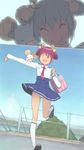  akinbo_(hyouka_fuyou) bag candy_(smile_precure!) closed_eyes cloud day fence highres hoshizora_miyuki nanairogaoka_middle_school_uniform necktie one_eye_closed open_mouth outstretched_arm panties pantyshot pink_eyes pink_hair pink_neckwear precure road running school_bag school_uniform short_hair sky smile smile_precure! twintails underwear upskirt water white_panties 