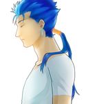 blue_hair earrings fate/hollow_ataraxia fate/stay_night fate_(series) heta1201 jewelry lancer long_hair male_focus ponytail profile shirt solo t-shirt 