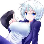  blue_eyes breasts hat hat_removed headwear_removed highres large_breasts looking_at_viewer rip-off_(manga) short_hair simple_background solo watarui white_hair 