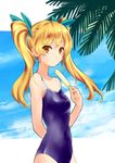  blonde_hair competition_school_swimsuit food highres long_hair one-piece_swimsuit original popsicle solo swimsuit twintails ueda_torini yellow_eyes 