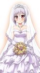  bare_shoulders blush bouquet braid collarbone dress elbow_gloves flower gloves idolmaster idolmaster_cinderella_girls kanzaki_ranko off_shoulder red_eyes rose short_hair silver_hair sleeveless smile solo uraichishi veil wedding_dress white_background yellow_flower yellow_rose 