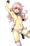  arm_up armpits bad_id bad_pixiv_id blush breasts brown_eyes colorized fang highres long_hair maid_headdress nana_asta_deviluke navel nipples panties pink_hair small_breasts solo thighhighs third-party_edit to_love-ru topless torn_clothes underwear wrist_cuffs yabuki_kentarou 