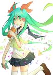  ahoge bad_id bad_pixiv_id digital_media_player drinking drinking_straw ft green_eyes green_hair hair_ribbon hatsune_miku headphones long_hair ribbon school_uniform serafuku skirt solo thighhighs twintails vocaloid 