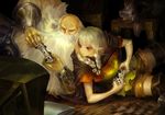  1girl :&lt; arrow beard braid controller dragon's_crown dualshock dwarf_(dragon's_crown) elf_(dragon's_crown) facial_hair game_console game_controller gamepad handheld_game_console long_hair lying mouse n.a. official_style on_side playing_games playstation_3 playstation_vita pointy_ears television thighhighs twin_braids white_hair zettai_ryouiki 