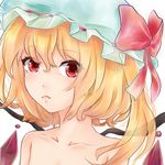  bad_id bad_pixiv_id blonde_hair collarbone fang flandre_scarlet frown haakun hat hat_ribbon highres lips looking_at_viewer mob_cap nude red_eyes ribbon short_hair side_ponytail simple_background solo touhou upper_body white_background wings 