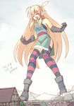  blonde_hair breasts closed_eyes copyright_request giantess long_hair medium_breasts open_mouth pointy_ears seo_tatsuya solo striped striped_legwear thighhighs very_long_hair 